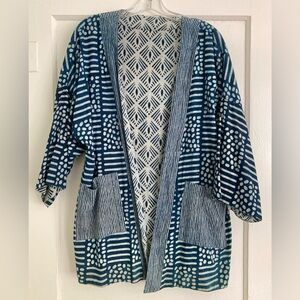 Blue and White Patterned Kimono Cardigan